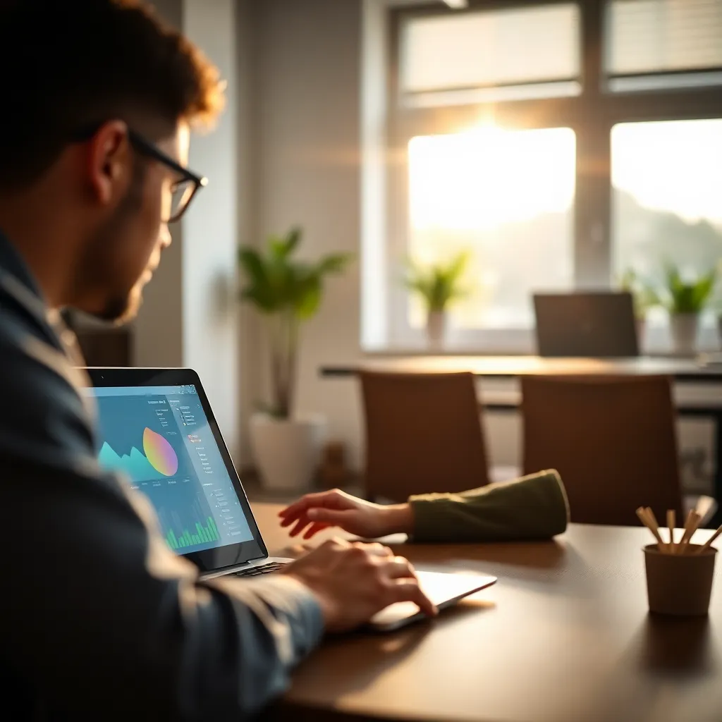 Leidinggevende bekijkt Power BI dashboard op laptop in modern kantoor